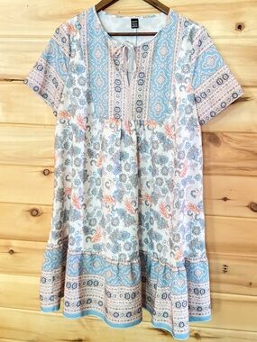 Gomorn Boho Floral Paisley Mini Dress - Keyhole Tie Neck Resort & Vacation Wear